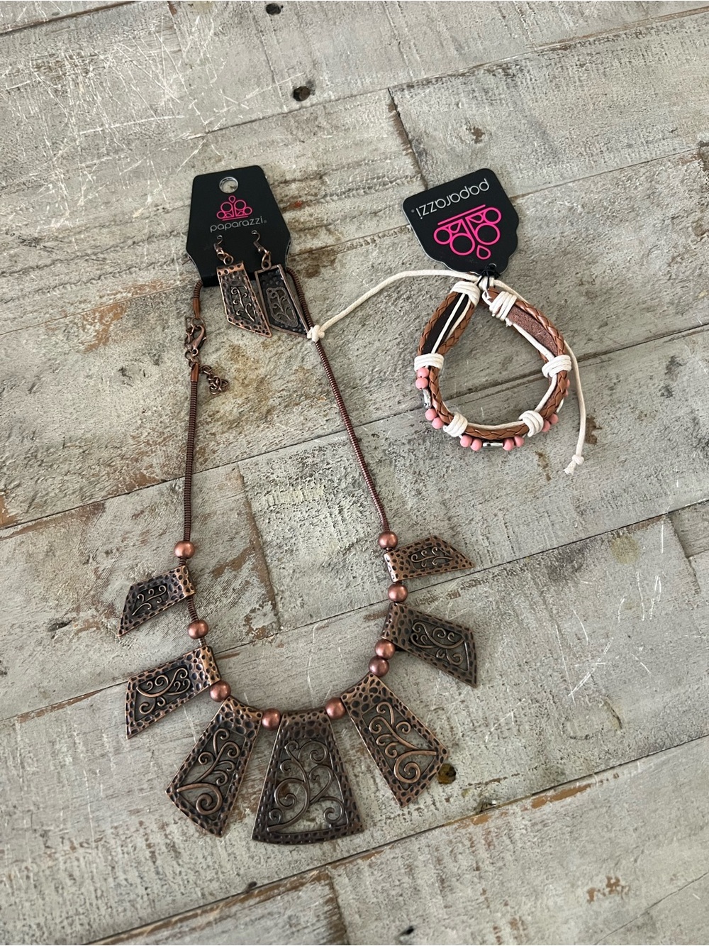 Paparazzi Copper Scroll Statement Necklace and Pink Beaded Bracelet Set New